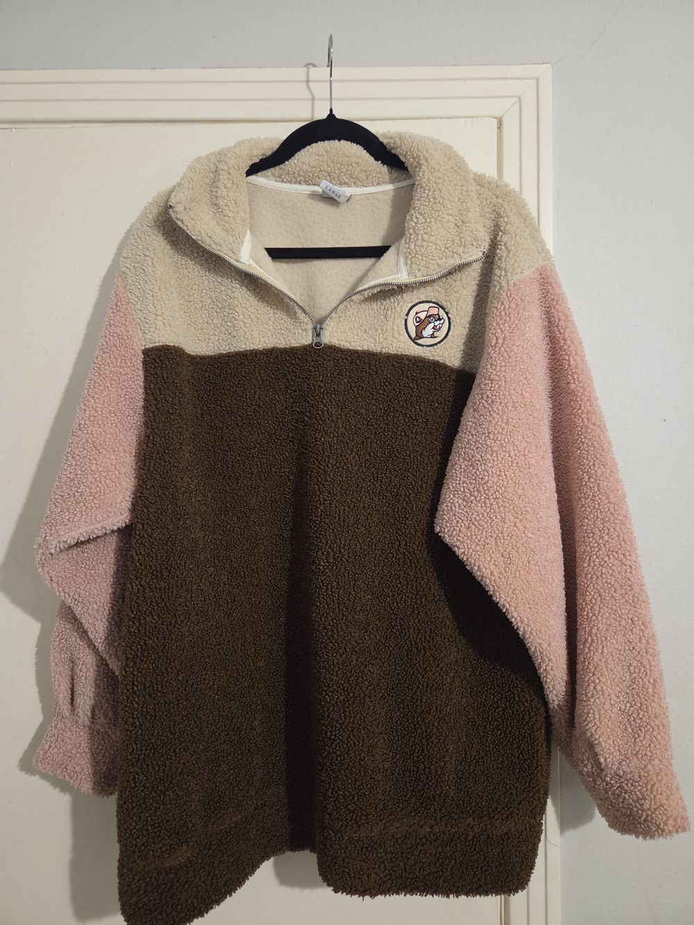 Cozy Colorblock Sherpa Half-Zip Turtleneck - Pink, Cream & Brown